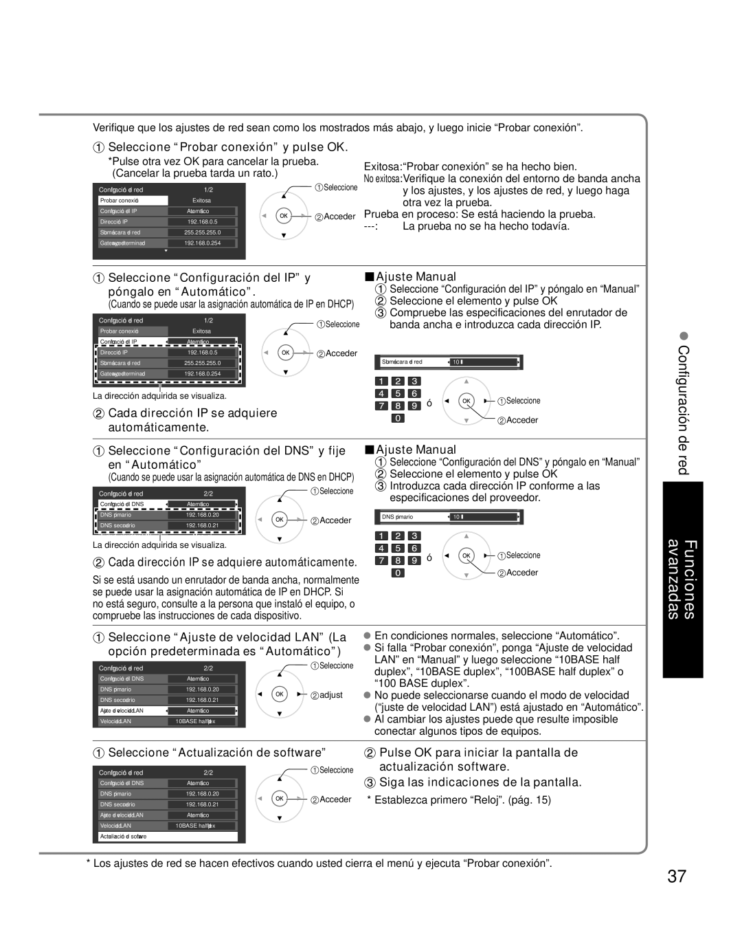 Panasonic TH-46PZ850U Seleccione Probar conexión y pulse OK, Seleccione Configuración del IP y póngalo en Automático 