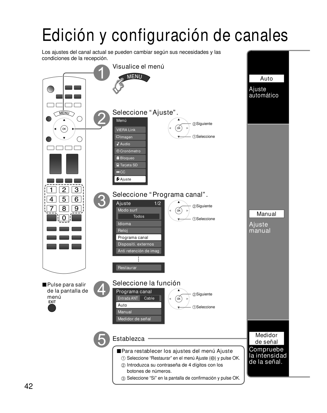 Panasonic TH-46PZ850U Seleccione Programa canal, Seleccione la función, Ajuste automático, Ajuste manual 