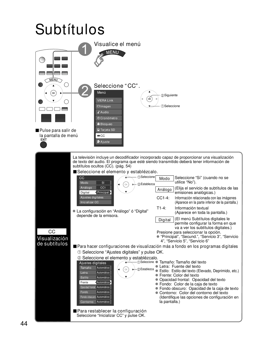 Panasonic TH-46PZ850U operating instructions Subtítulos, Visualice el menú Seleccione CC, Visualización de subtítulos 