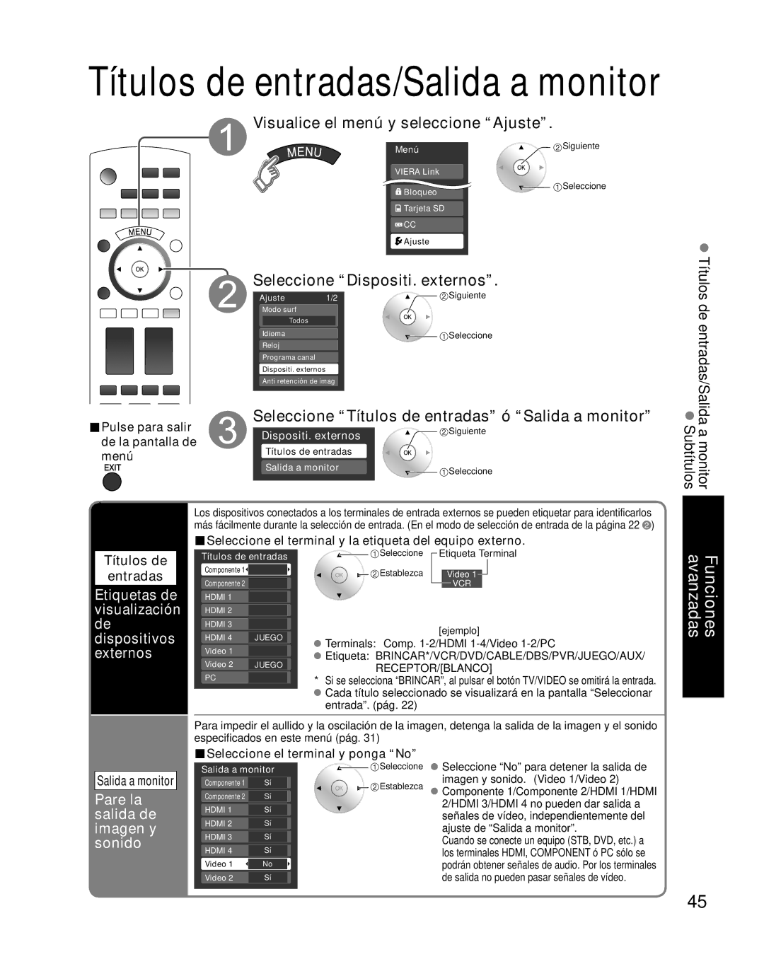 Panasonic TH-46PZ850U operating instructions Visualice el menú y seleccione Ajuste, Seleccione Dispositi. externos 