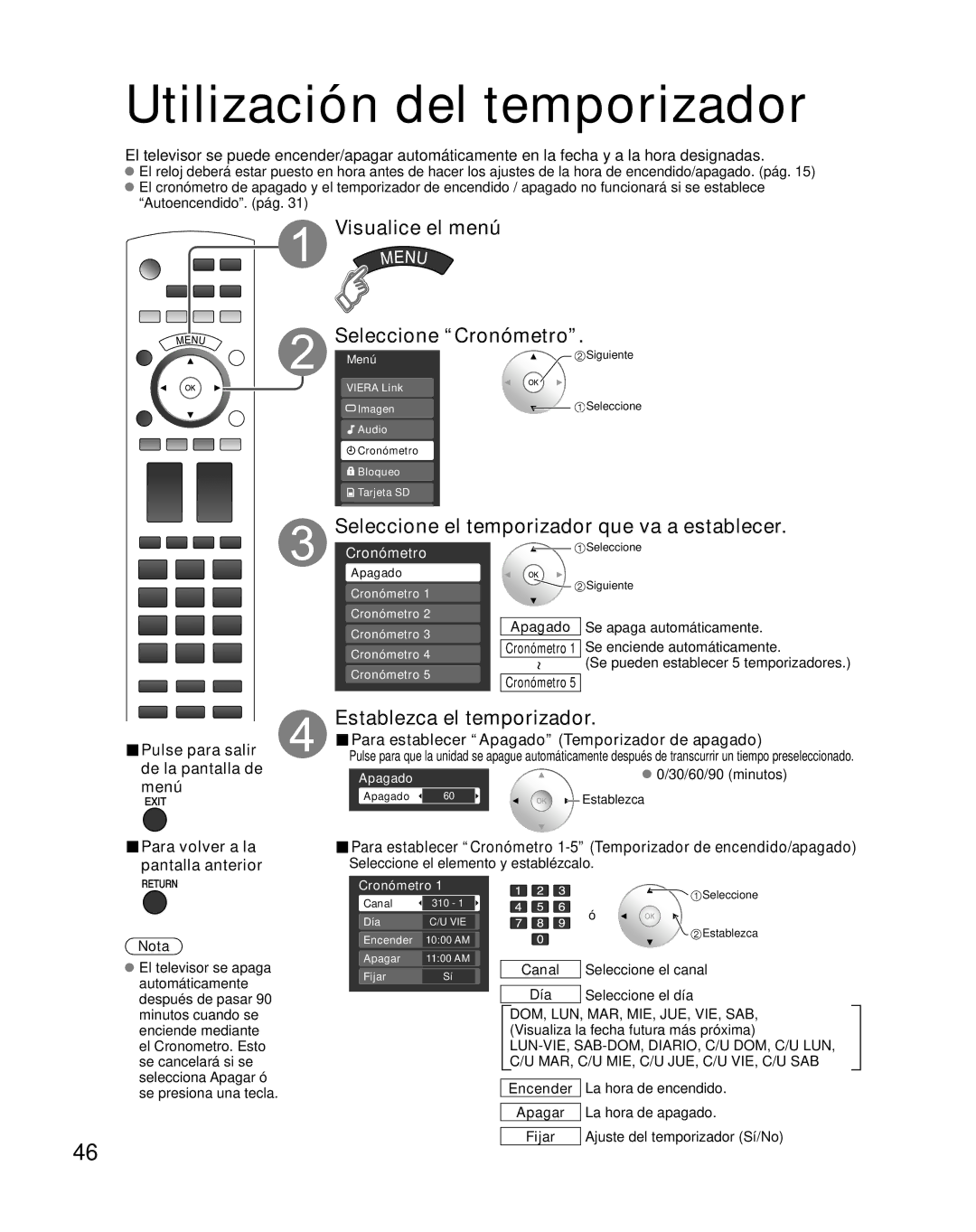 Panasonic TH-46PZ850U Utilización del temporizador, Visualice el menú Seleccione Cronómetro, Establezca el temporizador 