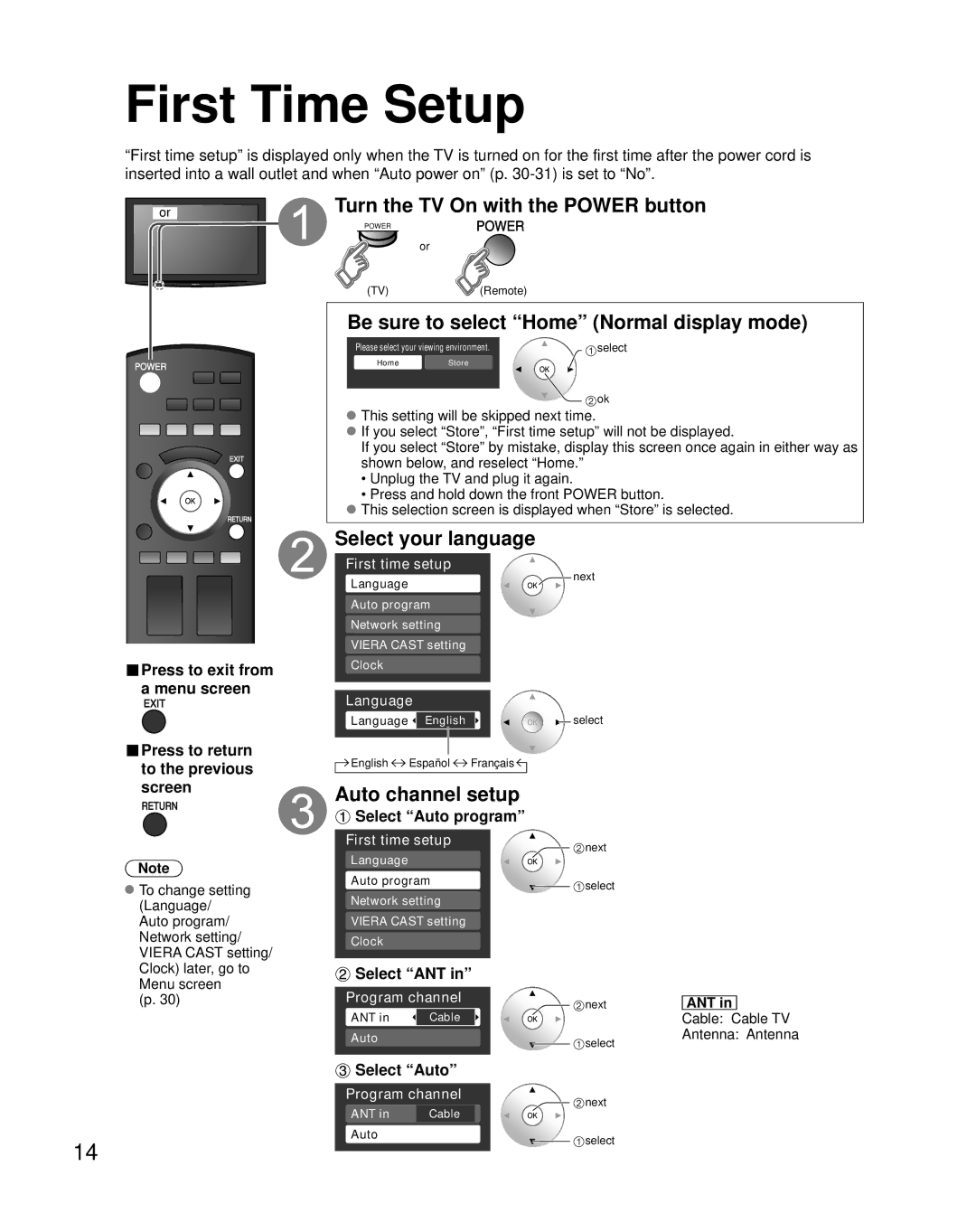 Panasonic TH-46PZ850U First Time Setup, Turn the TV On with the Power button, Be sure to select Home Normal display mode 