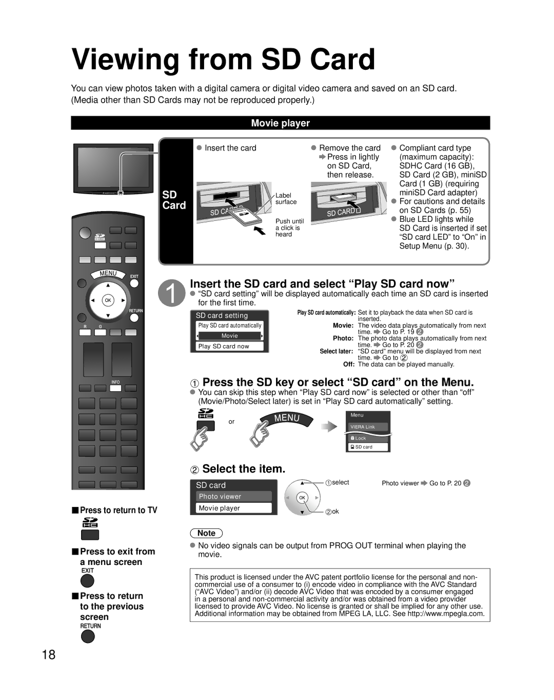 Panasonic TH-46PZ850U Viewing from SD Card, Insert the SD card and select Play SD card now, Select the item 