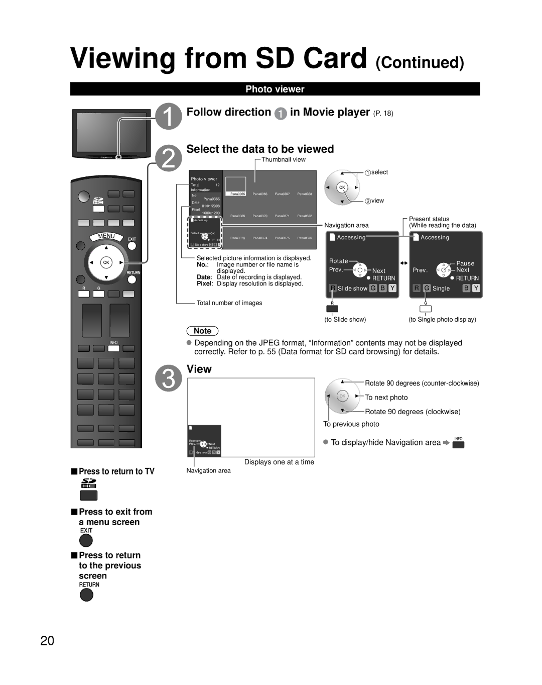 Panasonic TH-46PZ850U operating instructions Photo viewer, To display/hide Navigation area, Displays one at a time 