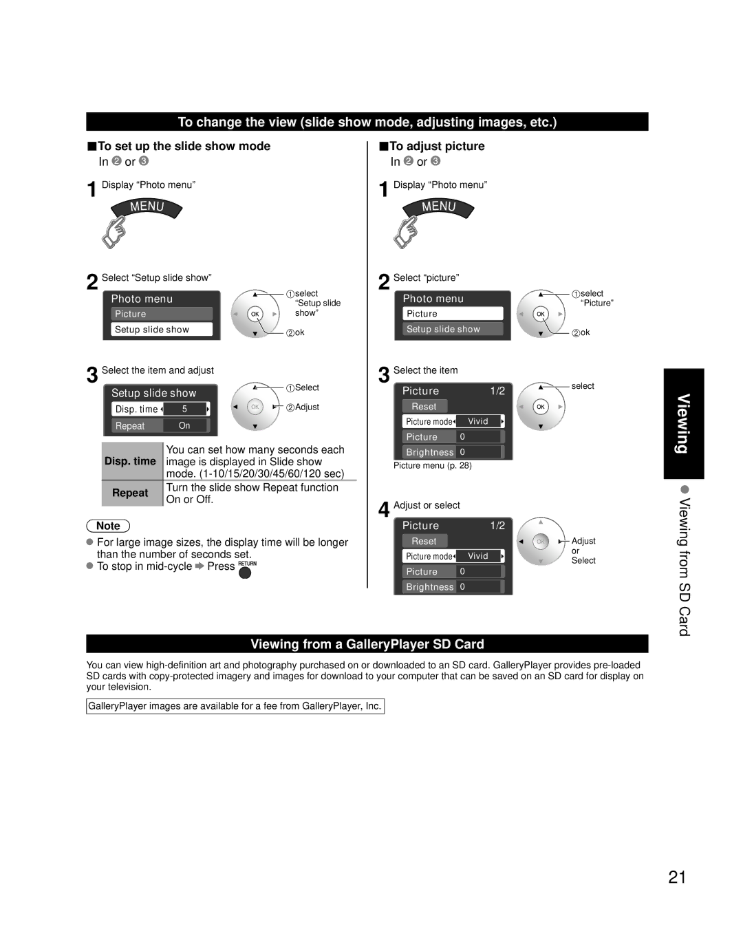 Panasonic TH-46PZ850U To change the view slide show mode, adjusting images, etc, Viewing from a GalleryPlayer SD Card 