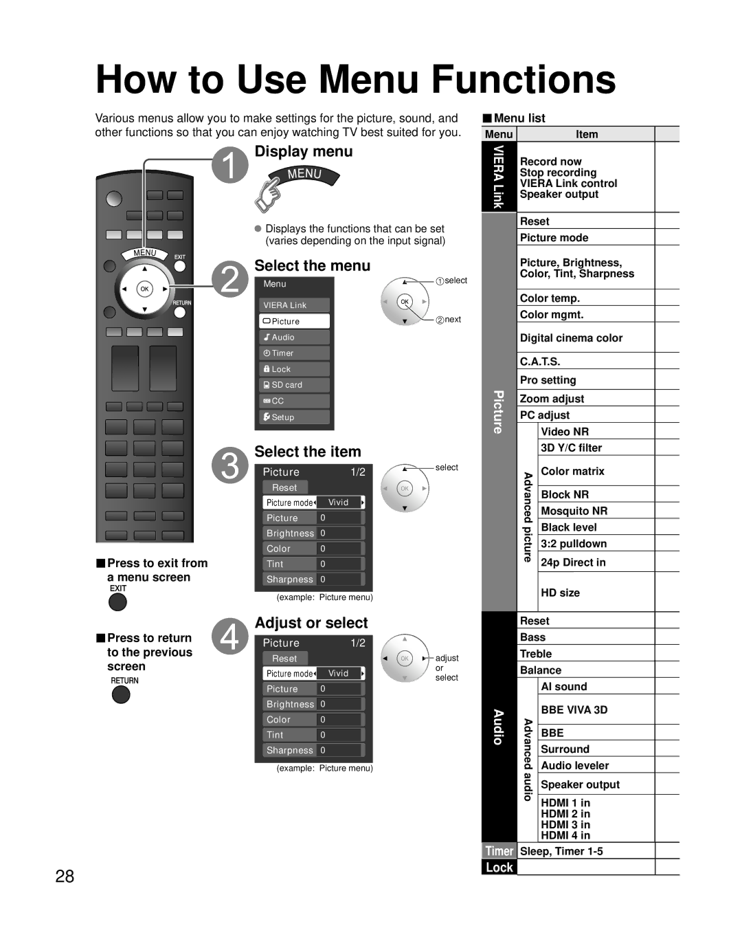 Panasonic TH-46PZ850U operating instructions How to Use Menu Functions, Display menu, Select the menu, Audio, Lock 