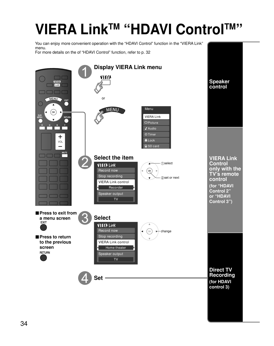 Panasonic TH-46PZ850U Display Viera Link menu, Speaker control, Viera Link Control only with the TV’s remote control 