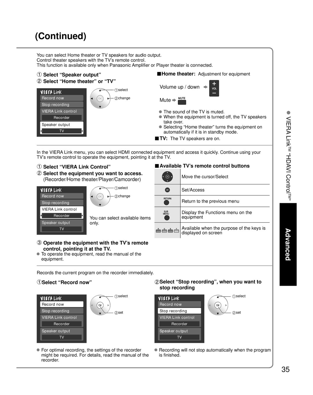 Panasonic TH-46PZ850U Select Speaker output Select Home theater or TV, Available TV’s remote control buttons 