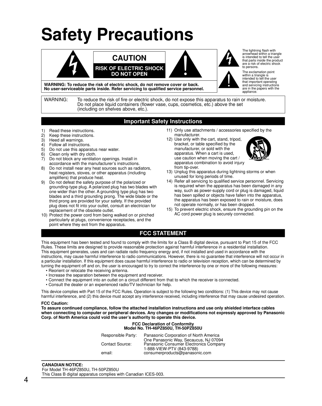 Panasonic TH-46PZ850U Safety Precautions, Important Safety Instructions, View-Ptv, Consumerproducts@panasonic.com 