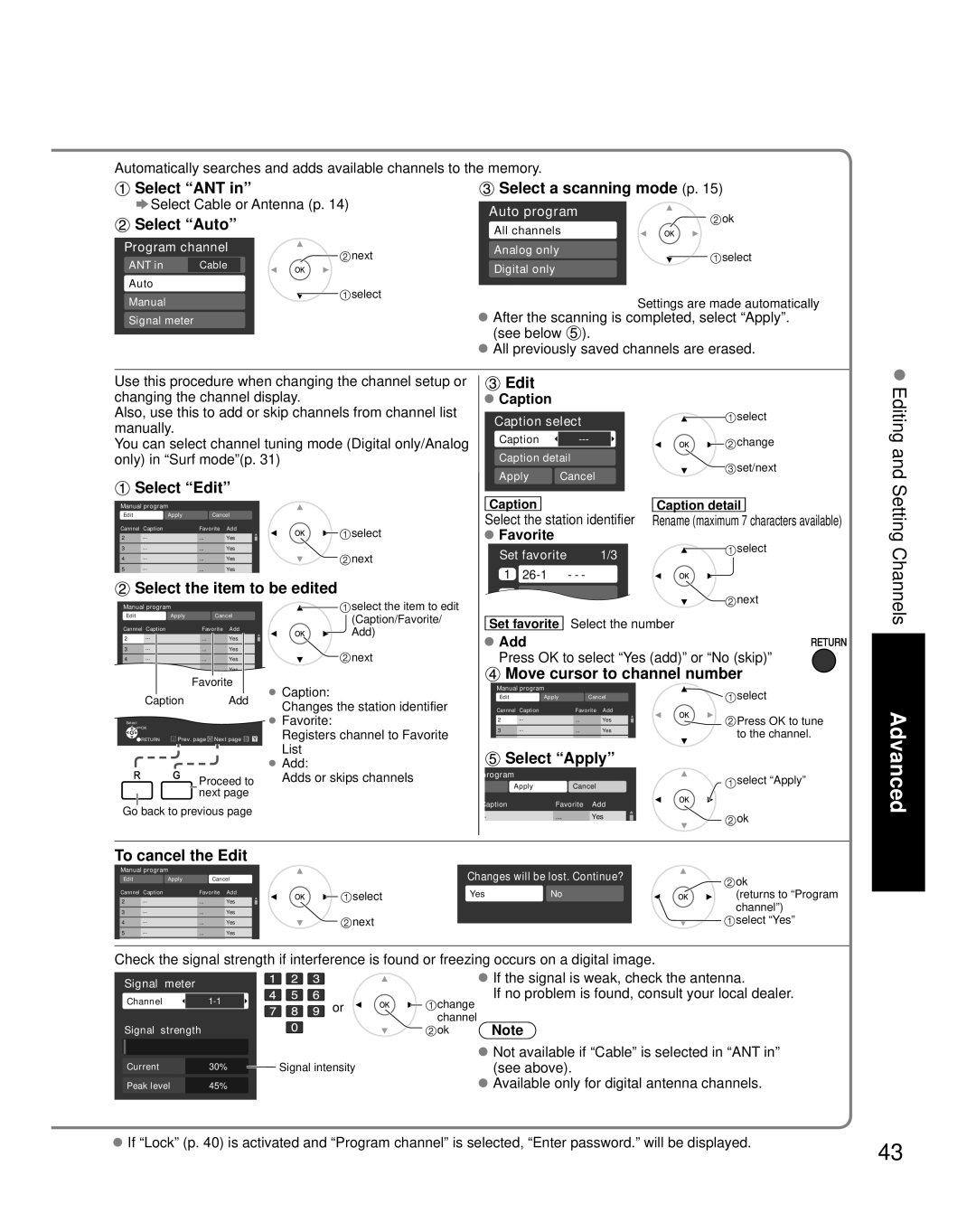 Panasonic TH-46PZ850U Select a scanning mode p, Select Edit, Select the item to be edited, Move cursor to channel number 