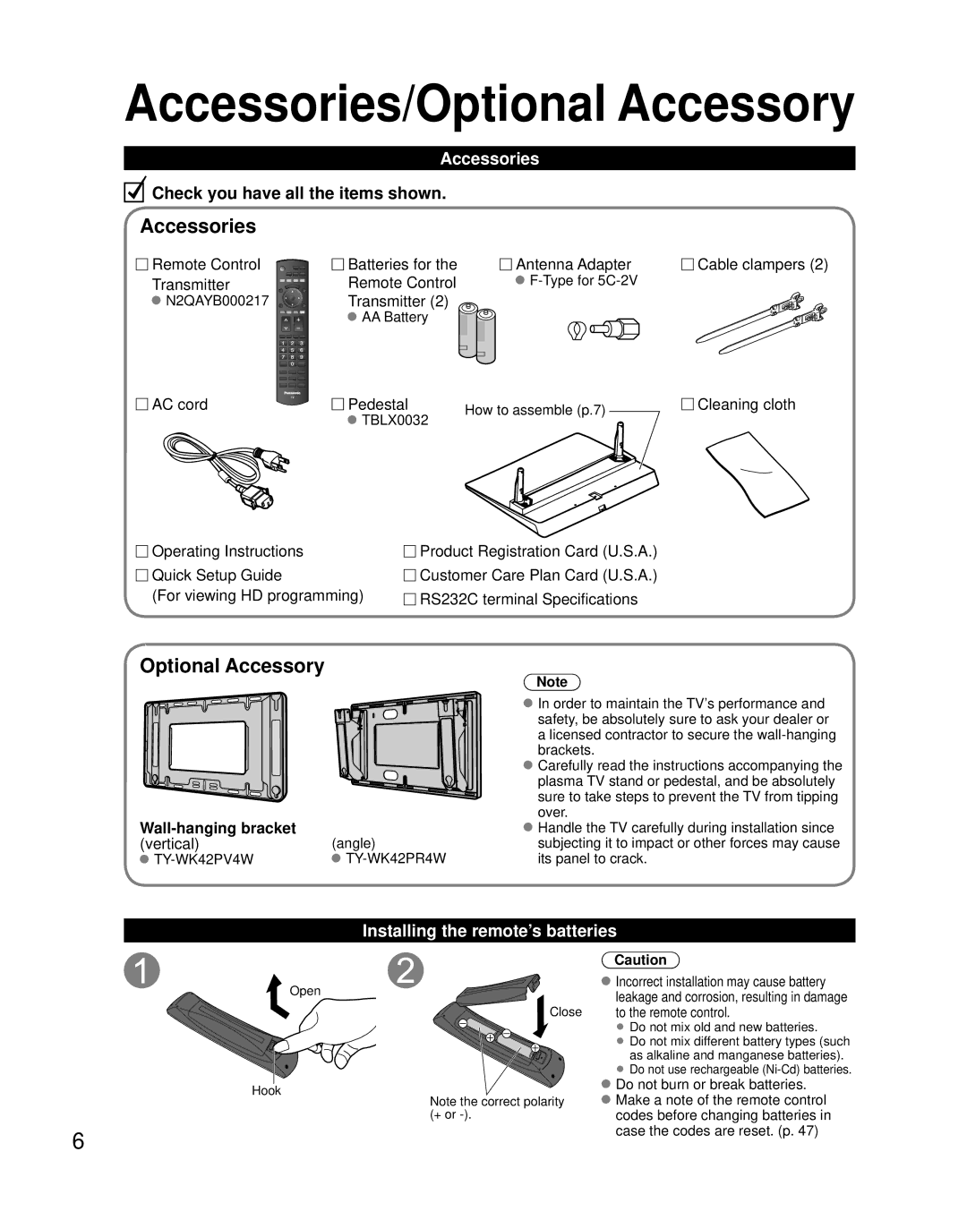 Panasonic TH-46PZ850U operating instructions Accessories/Optional Accessory, Installing the remote’s batteries 