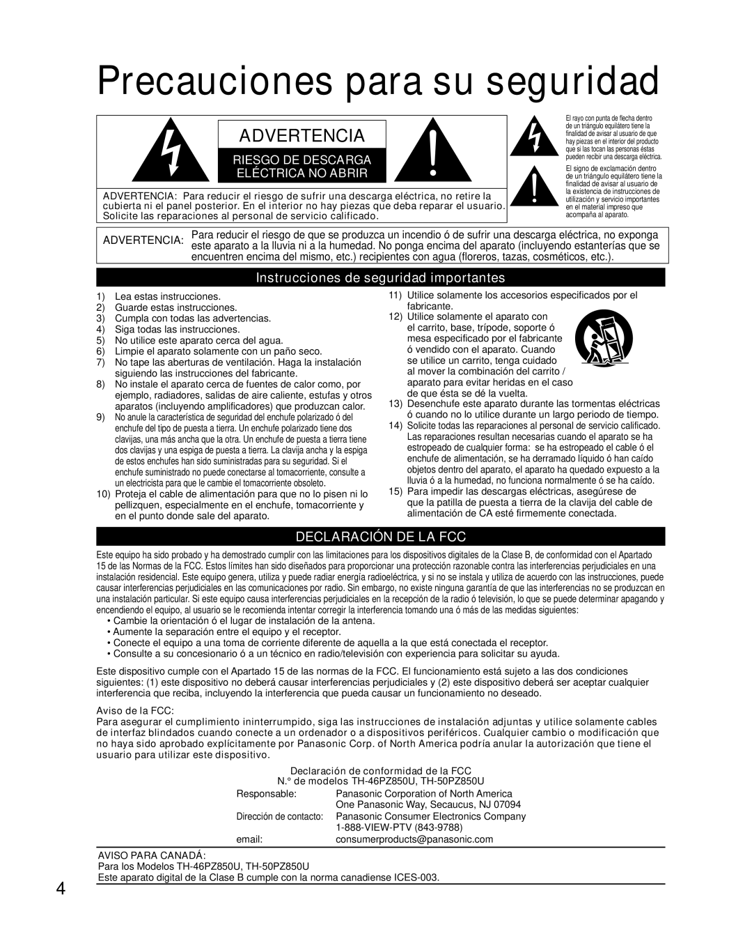 Panasonic TH-46PZ850U operating instructions Precauciones para su seguridad, Instrucciones de seguridad importantes 