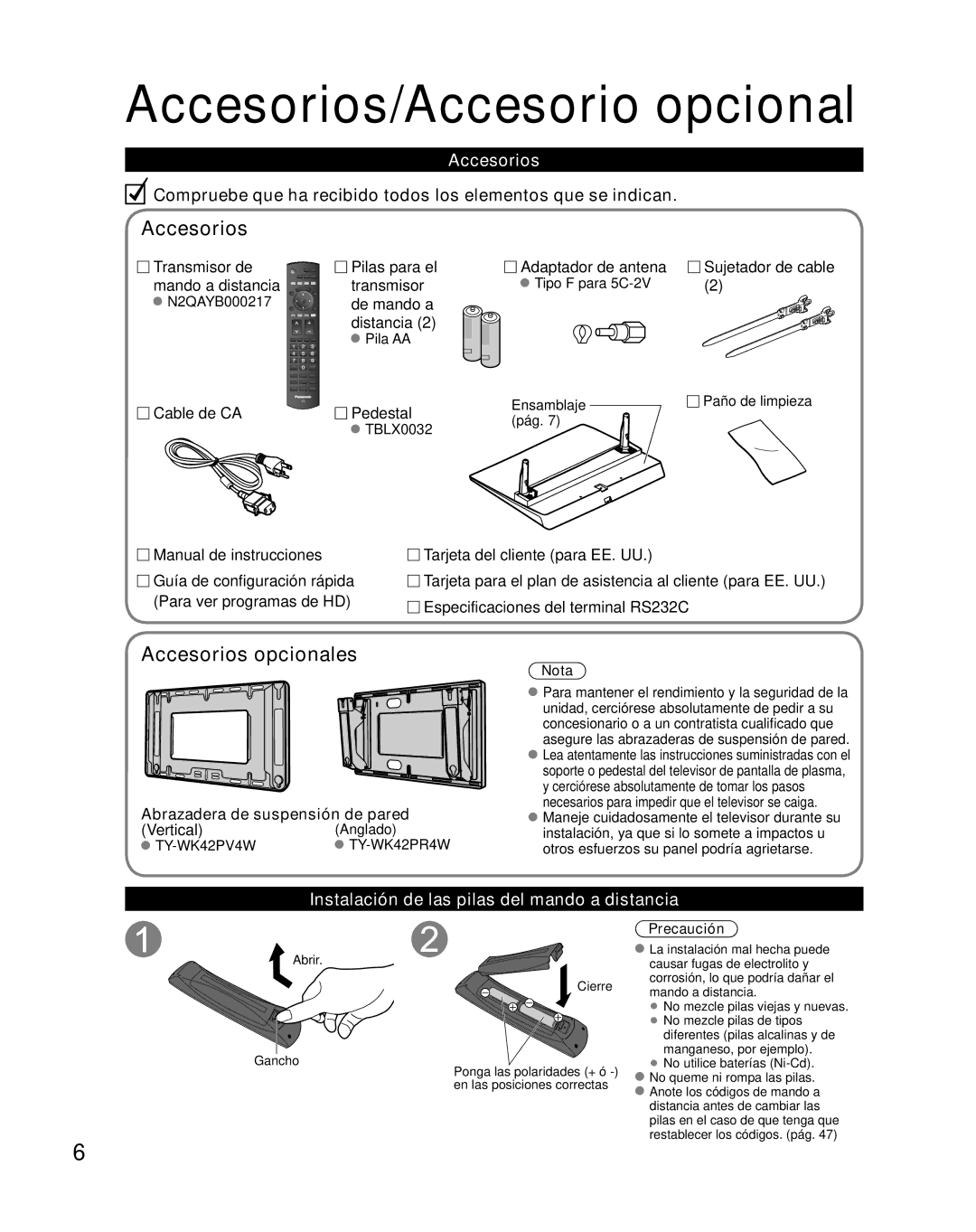 Panasonic TH-46PZ850U Accesorios/Accesorio opcional, Accesorios opcionales, Instalación de las pilas del mando a distancia 