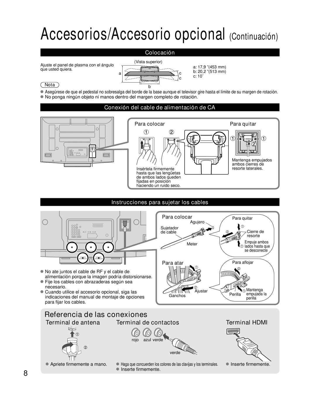 Panasonic TH-46PZ850U operating instructions Terminal de antena Terminal de contactos Terminal Hdmi, Colocación 