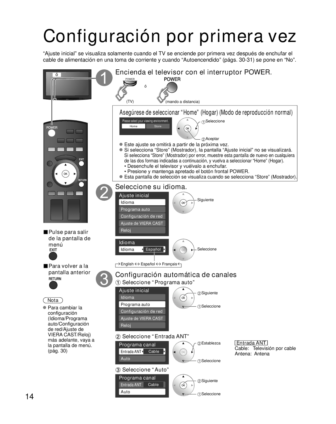 Panasonic TH-46PZ850U Configuración por primera vez, Encienda el televisor con el interruptor Power, Seleccione su idioma 