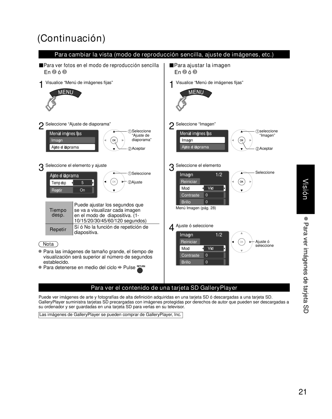 Panasonic TH-46PZ850U Para ver el contenido de una tarjeta SD GalleryPlayer, Para ajustar la imagen, Imagen 1/2 