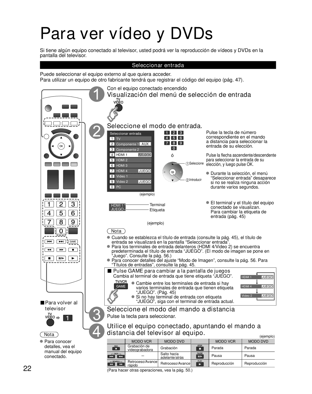 Panasonic TH-46PZ850U Para ver vídeo y DVDs, Seleccione el modo del mando a distancia, Seleccionar entrada 