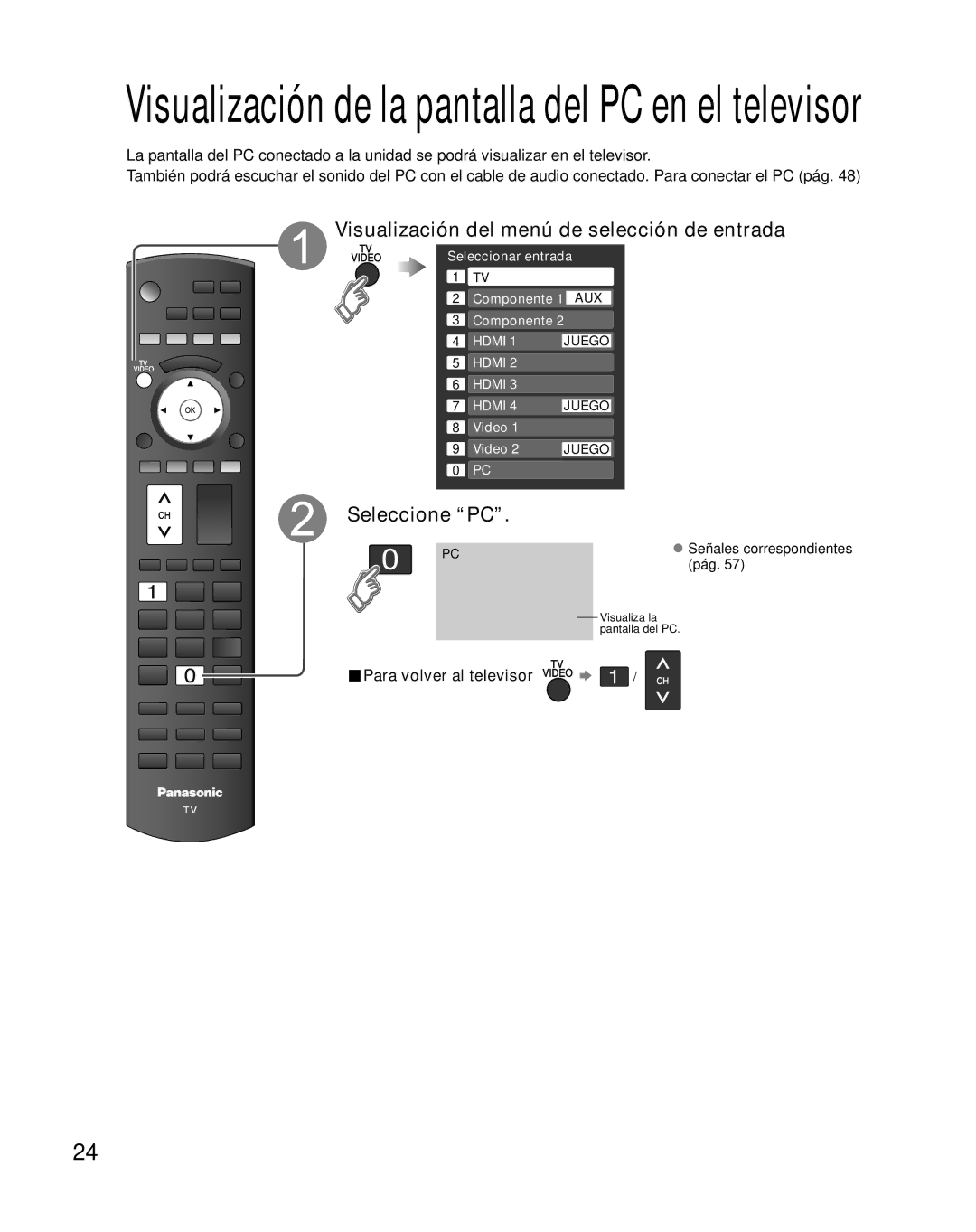 Panasonic TH-46PZ850U Visualización del menú de selección de entrada, Seleccione PC, Señales correspondientes 