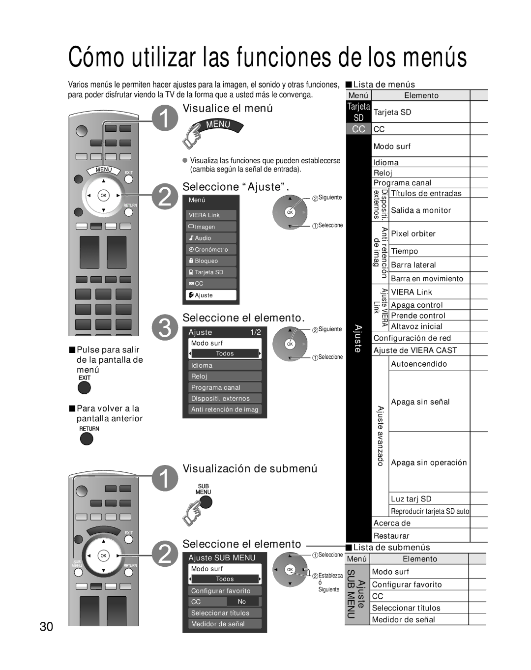 Panasonic TH-46PZ850U operating instructions Visualización de submenú, Ajuste 