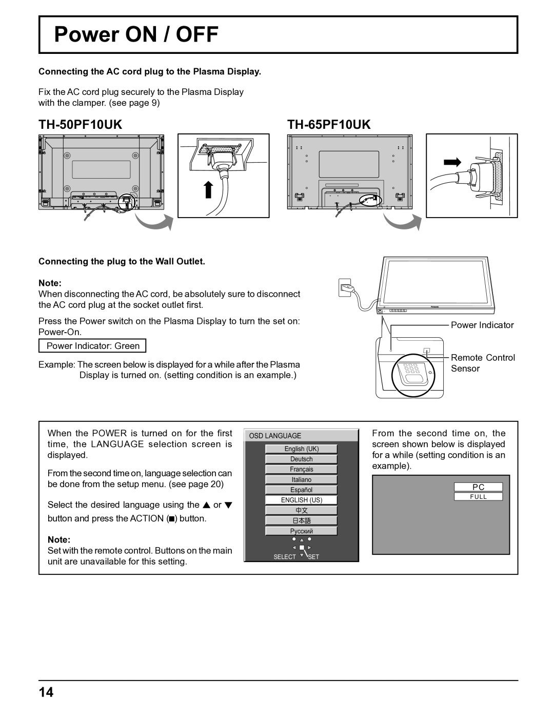 Panasonic TH-5065PF10UK manual Power on / OFF, Connecting the AC cord plug to the Plasma Display 