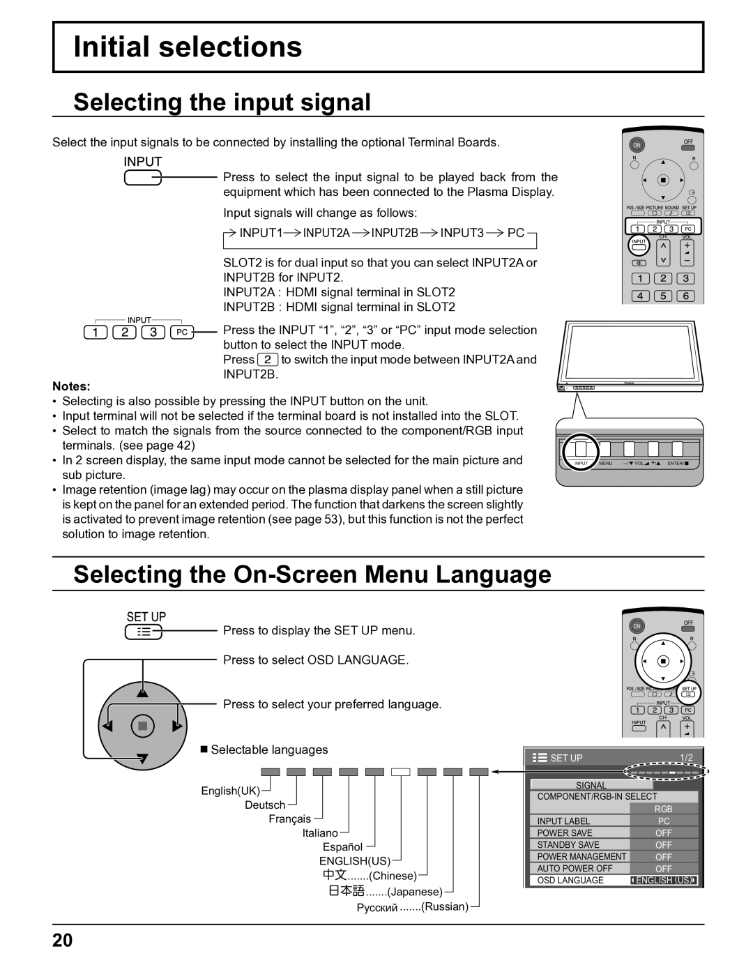 Panasonic TH-5065PF10UK manual Initial selections, Selecting the input signal, Selecting the On-Screen Menu Language 