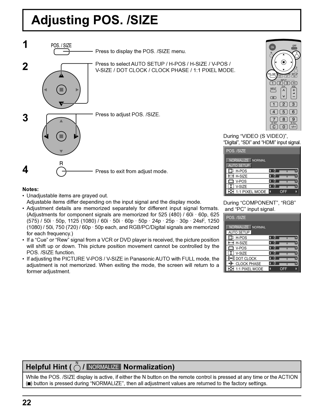 Panasonic TH-5065PF10UK Adjusting POS. /SIZE, Size / DOT Clock / Clock Phase / 11 Pixel Mode, Press to adjust POS. /SIZE 