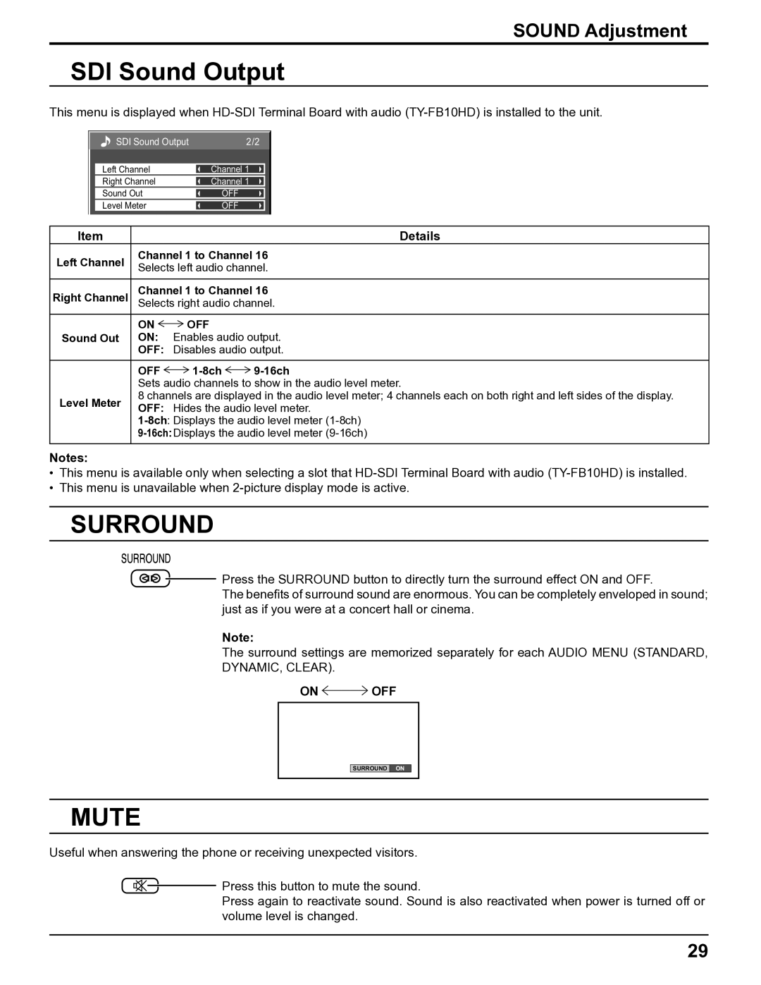 Panasonic TH-5065PF10UK manual SDI Sound Output, Surround, Mute, Sound Adjustment, On OFF 