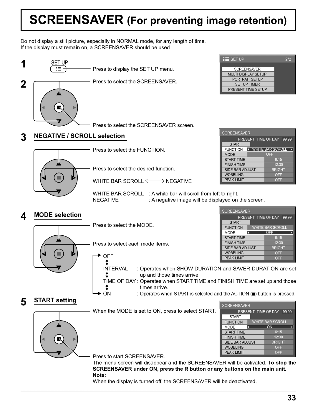 Panasonic TH-5065PF10UK manual Screensaver For preventing image retention, Negative / Scroll selection, Mode selection 