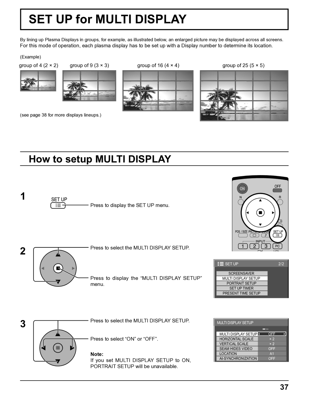 Panasonic TH-5065PF10UK manual SET UP for Multi Display, How to setup Multi Display, Press to select on or OFF 