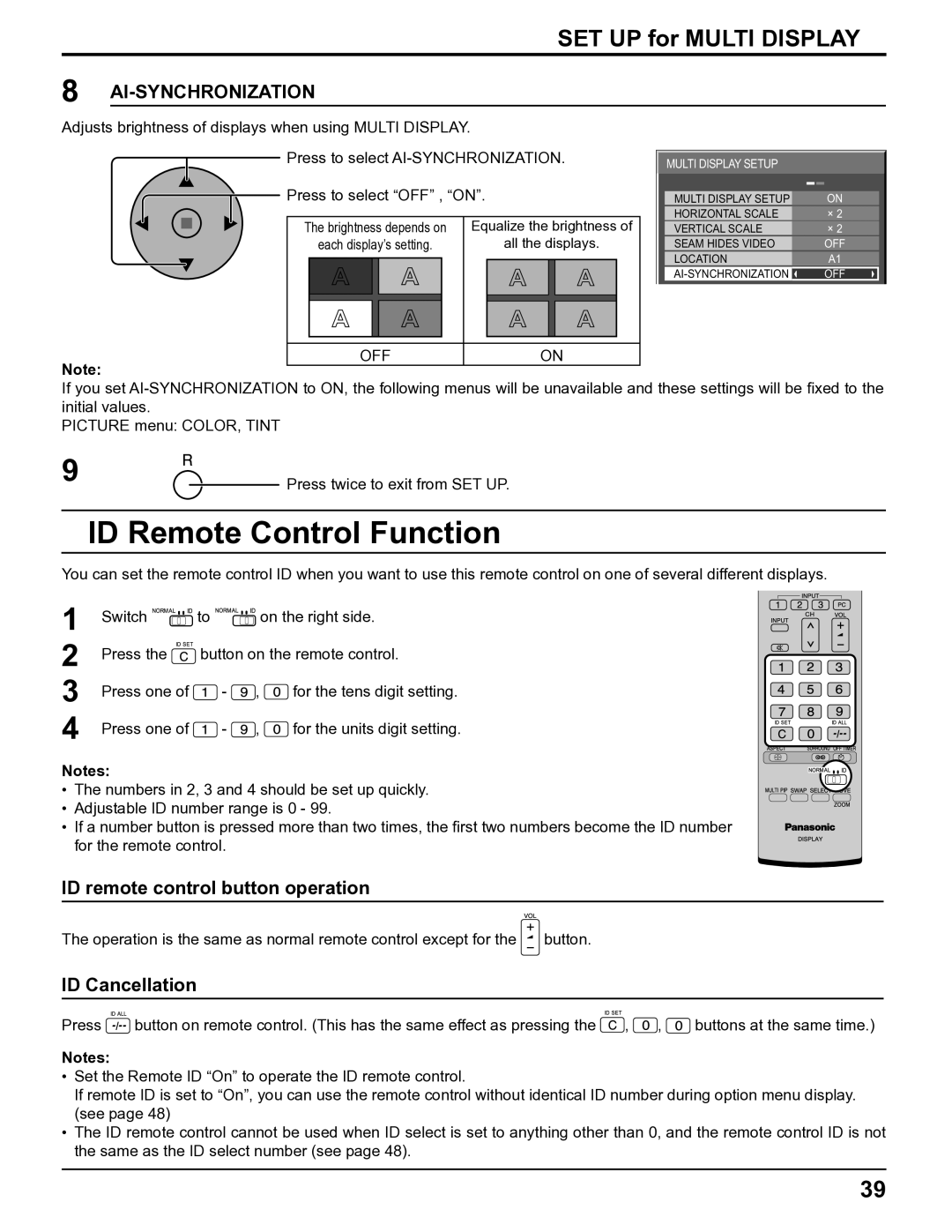 Panasonic TH-5065PF10UK manual ID Remote Control Function, ID remote control button operation, ID Cancellation 