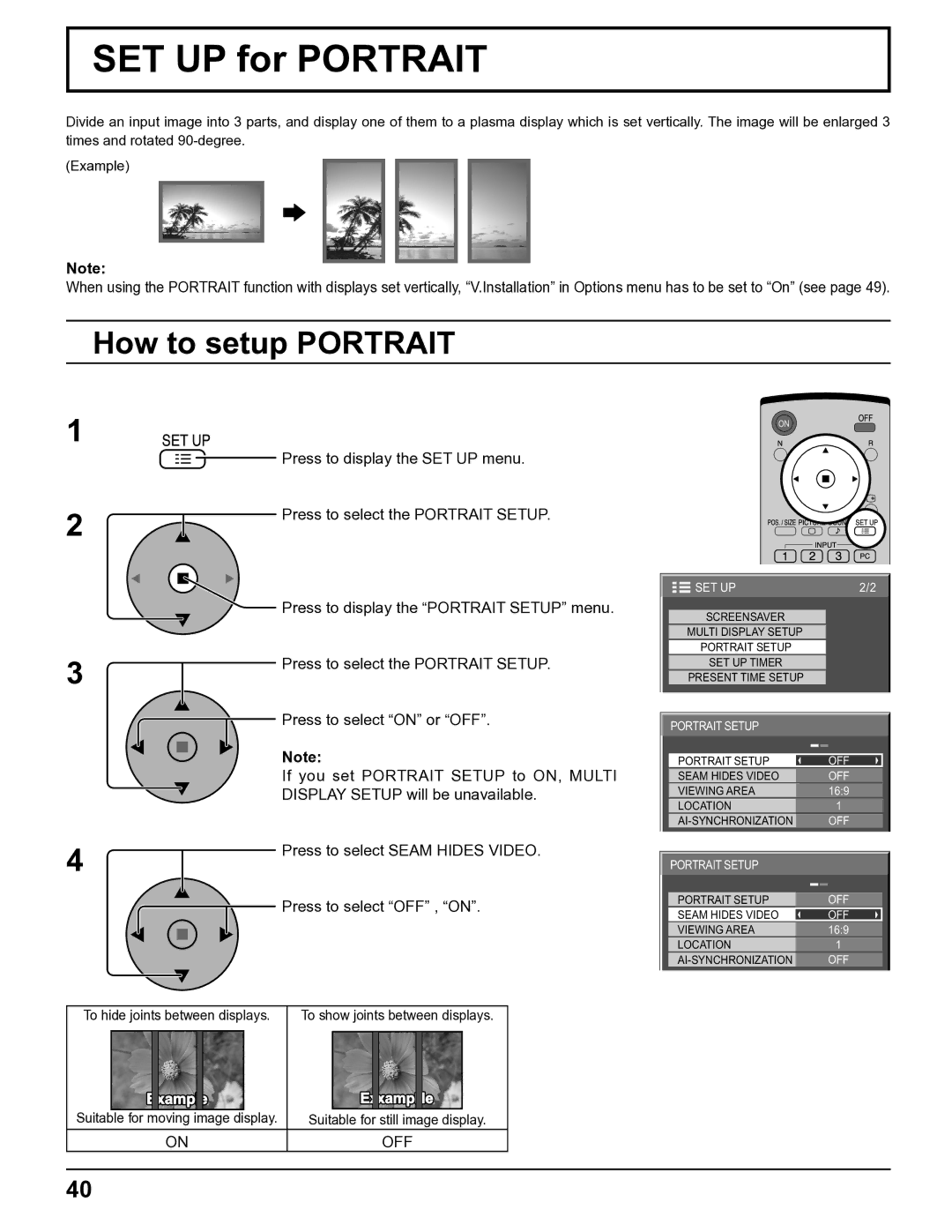 Panasonic TH-5065PF10UK manual SET UP for Portrait, How to setup Portrait, Press to select Seam Hides Video 