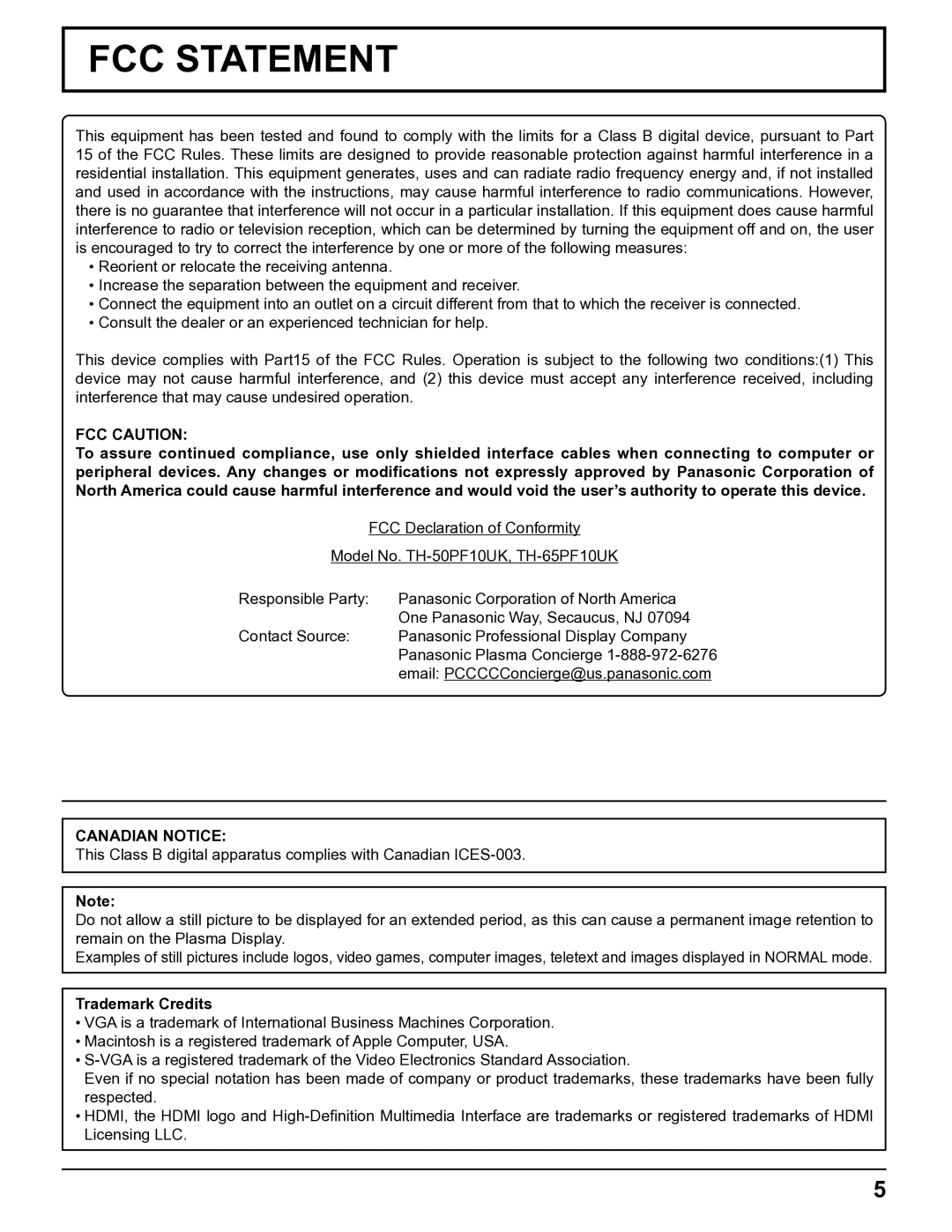 Panasonic TH-5065PF10UK manual FCC Caution, Canadian Notice, Trademark Credits 