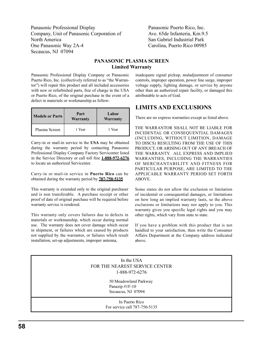 Panasonic TH-5065PF10UK manual Limits and Exclusions 