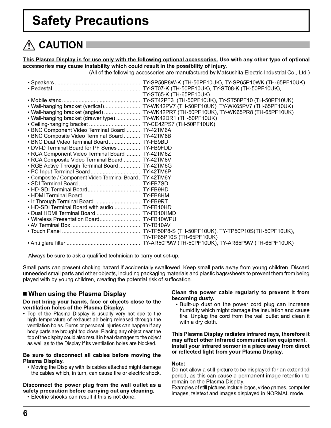 Panasonic TH-5065PF10UK manual Safety Precautions, When using the Plasma Display 