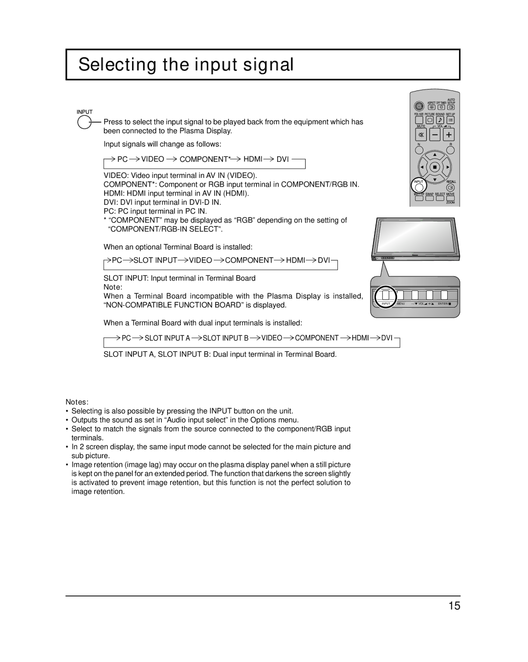 Panasonic TH-42PF20U Selecting the input signal, PC Video COMPONENT* Hdmi DVI, PC Slot Input Video Component Hdmi DVI, Dvi 