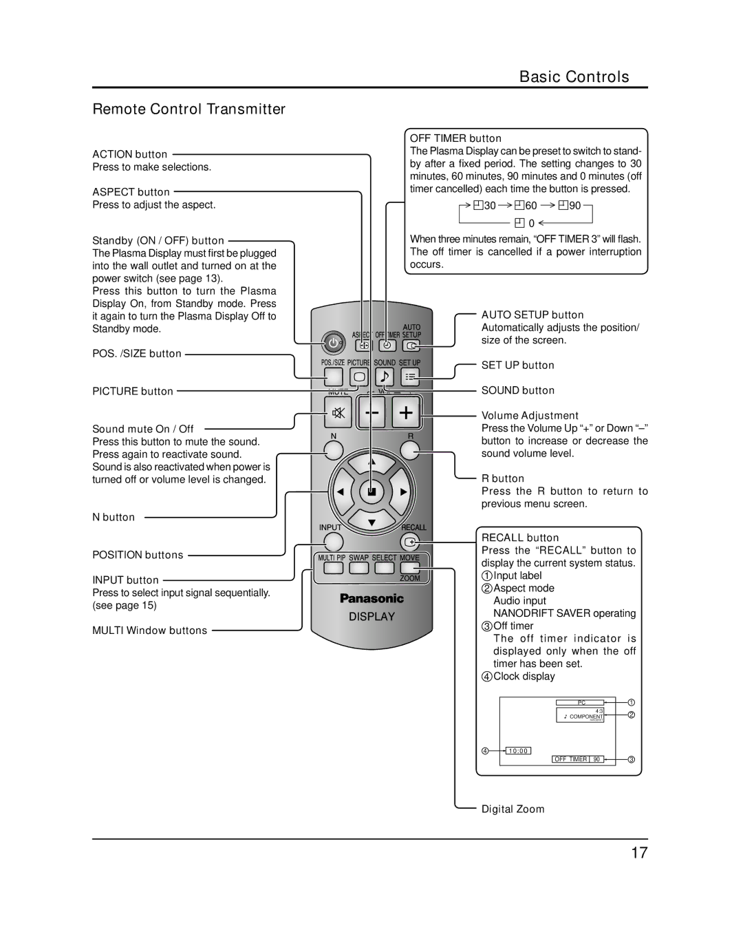 Panasonic TH-42PF20U, TH-50PF20U operating instructions Basic Controls 