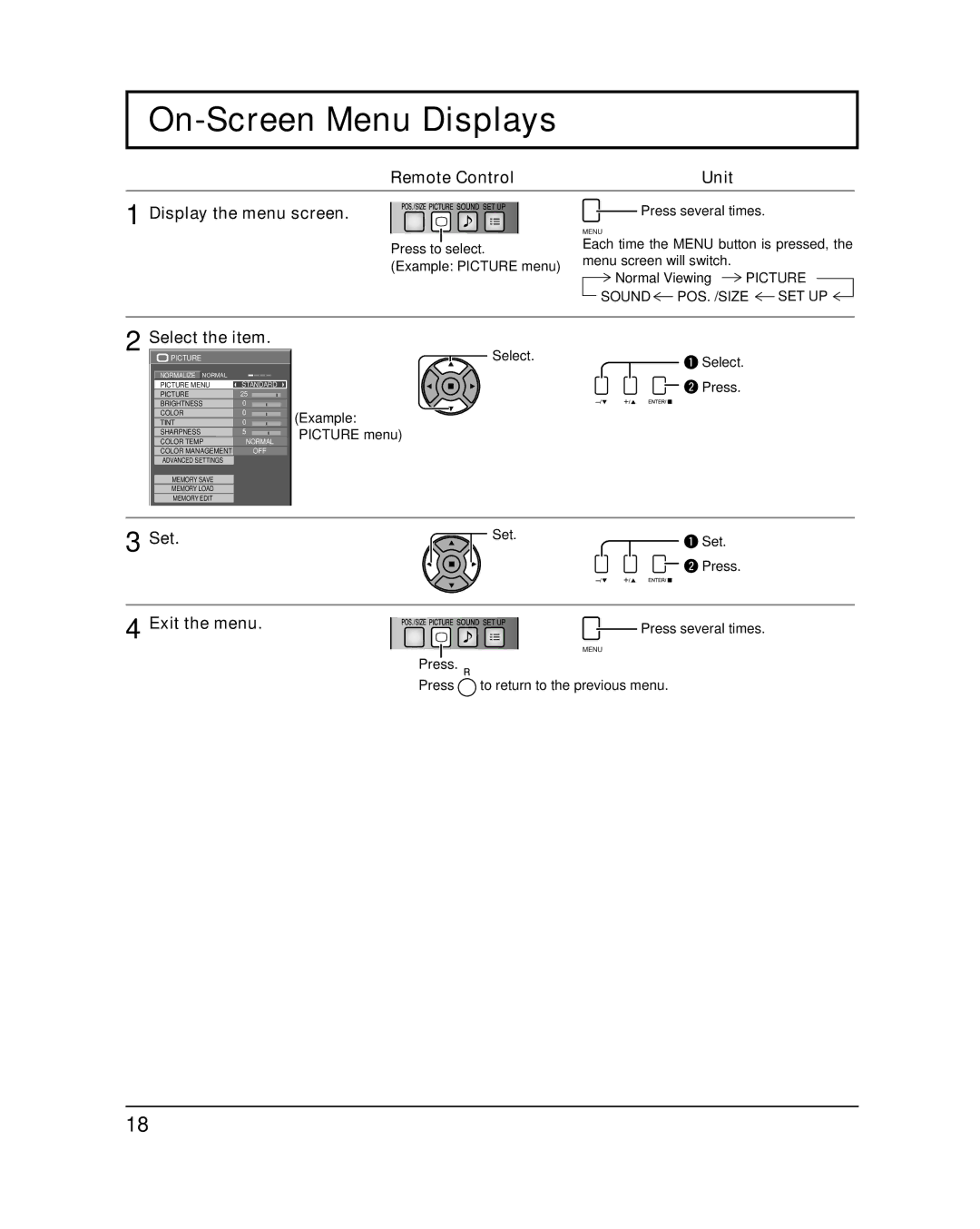 Panasonic TH-50PF20U On-Screen Menu Displays, Remote Control Unit Display the menu screen, Select the item, Set 