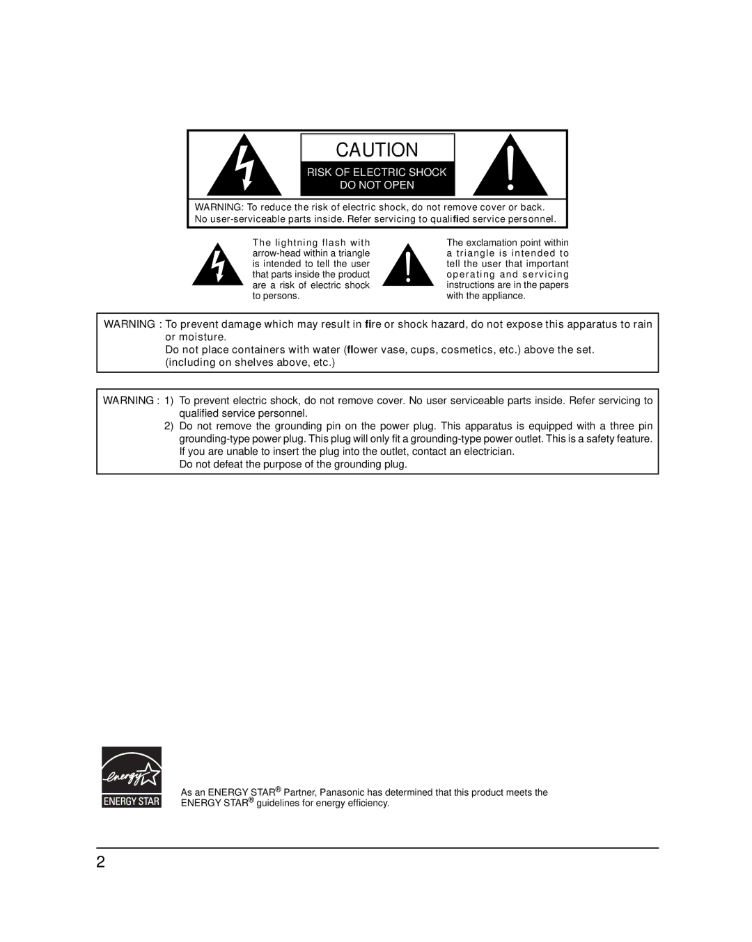 Panasonic TH-50PF20U, TH-42PF20U operating instructions Risk of Electric Shock Do not Open 