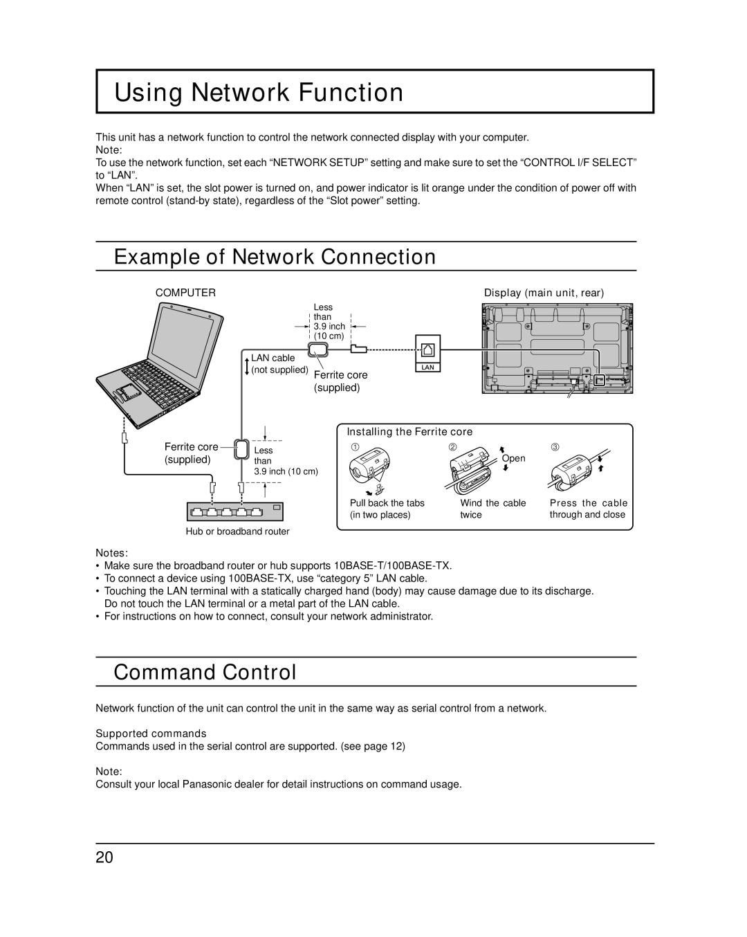 Panasonic TH-50PF20U Using Network Function, Example of Network Connection, Command Control, Installing the Ferrite core 