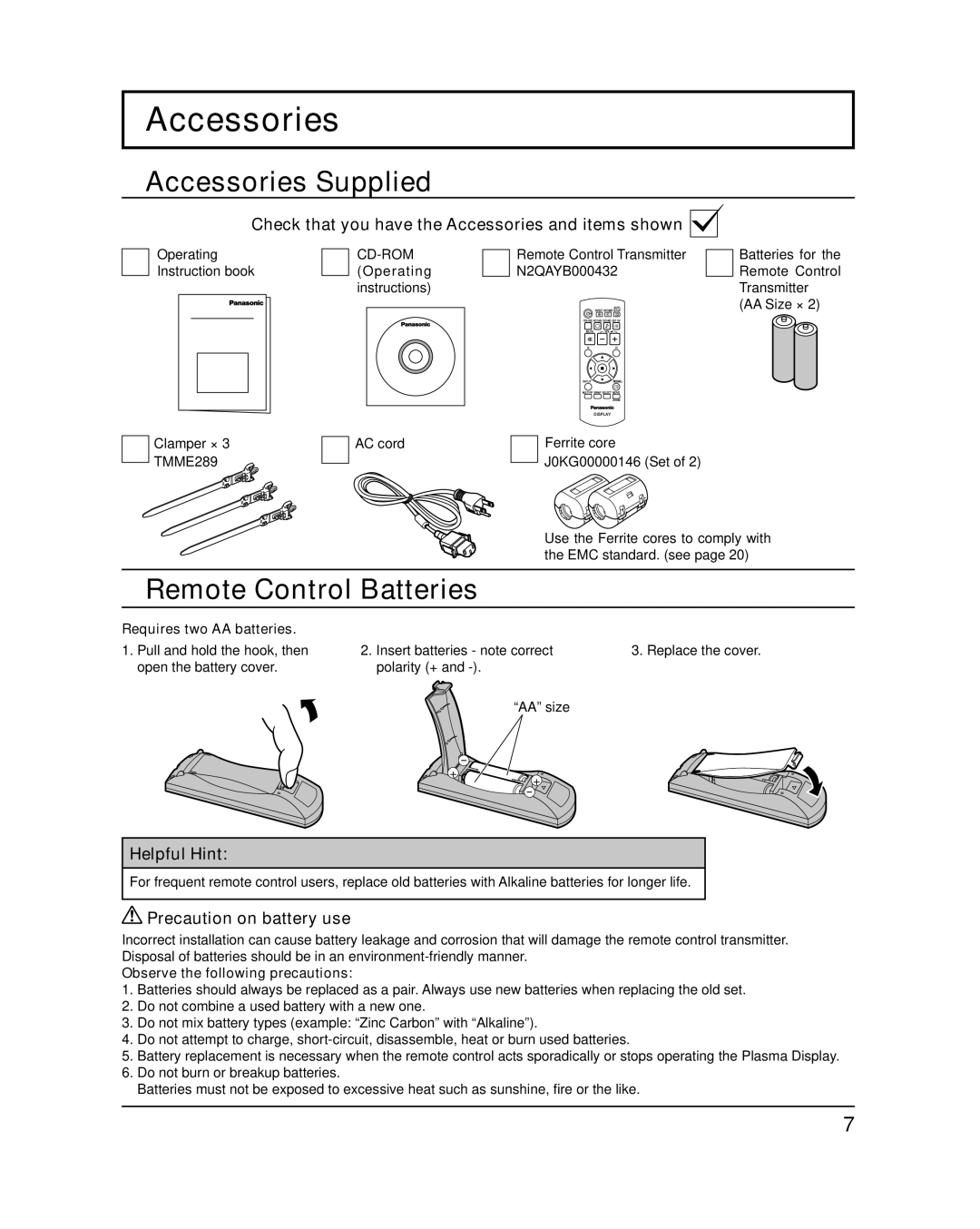 Panasonic TH-42PF20U, TH-50PF20U operating instructions Accessories Supplied, Remote Control Batteries 