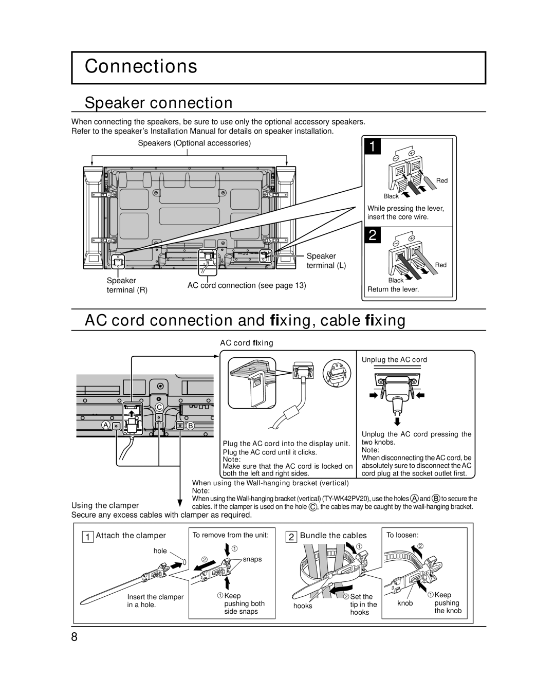 Panasonic TH-50PF20U, TH-42PF20U Connections, Speaker connection, AC cord connection and ﬁxing, cable ﬁxing 