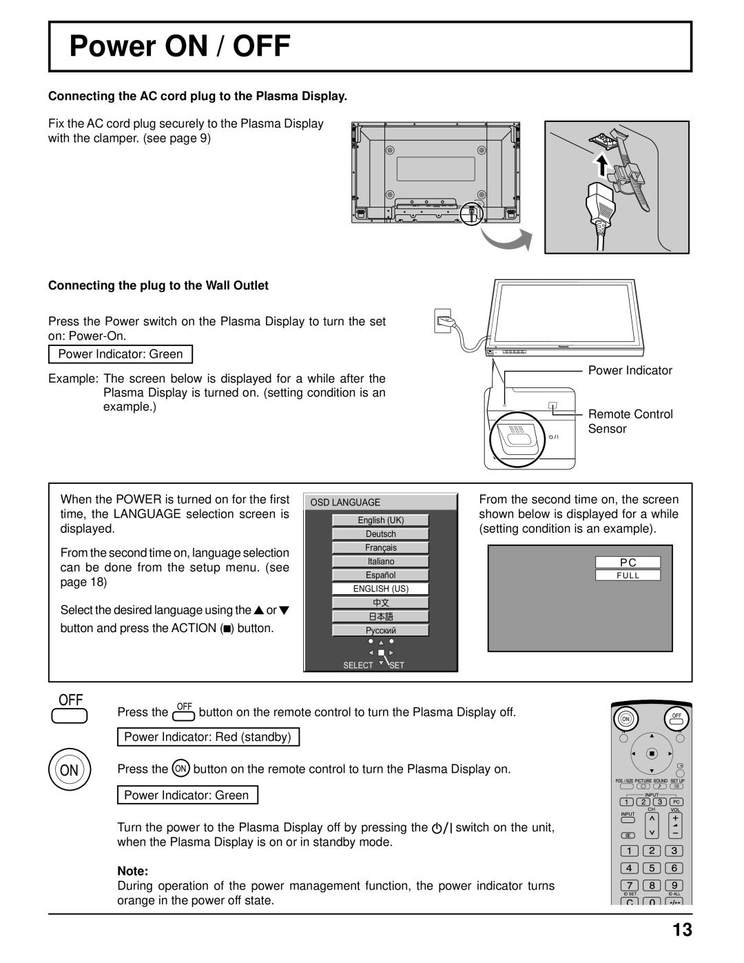 Panasonic TH-50PF9UK operating instructions Power on / OFF, Connecting the AC cord plug to the Plasma Display 