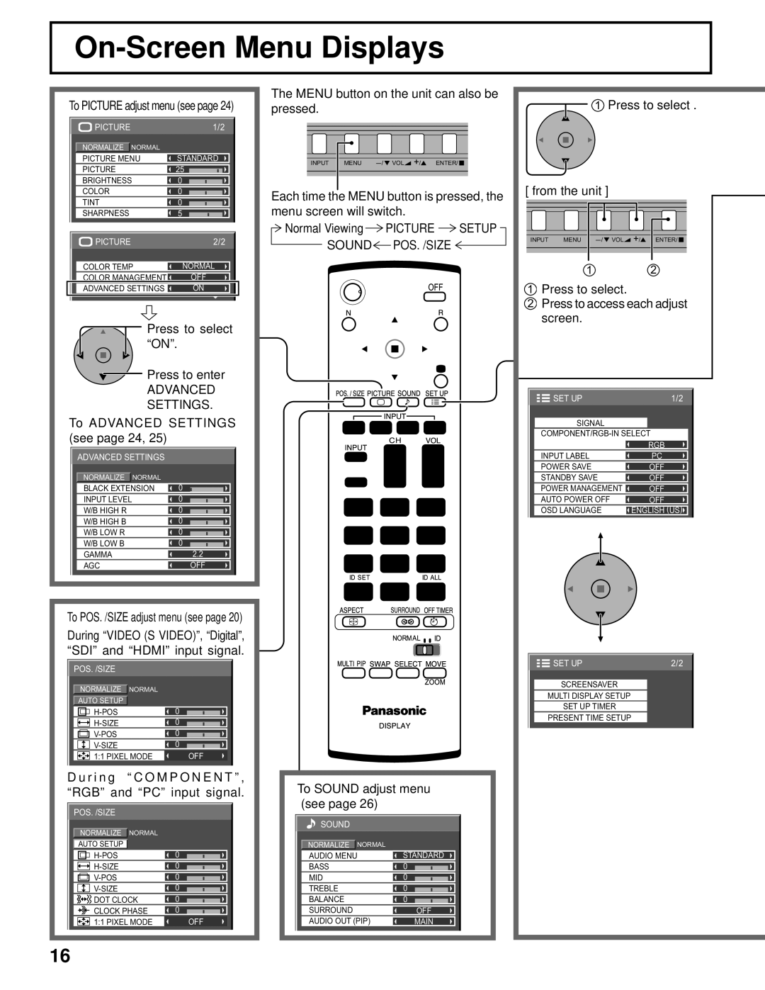 Panasonic TH-50PF9UK operating instructions On-Screen Menu Displays, Advanced Settings 