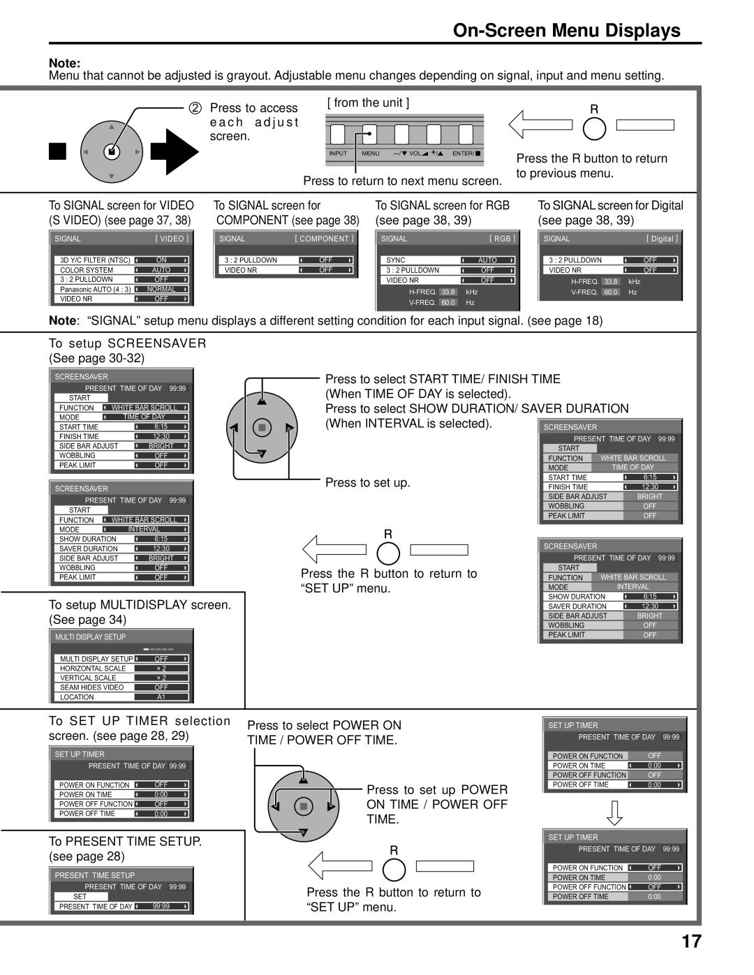 Panasonic TH-50PF9UK operating instructions On-Screen Menu Displays, Time / Power OFF Time, On Time / Power OFF 