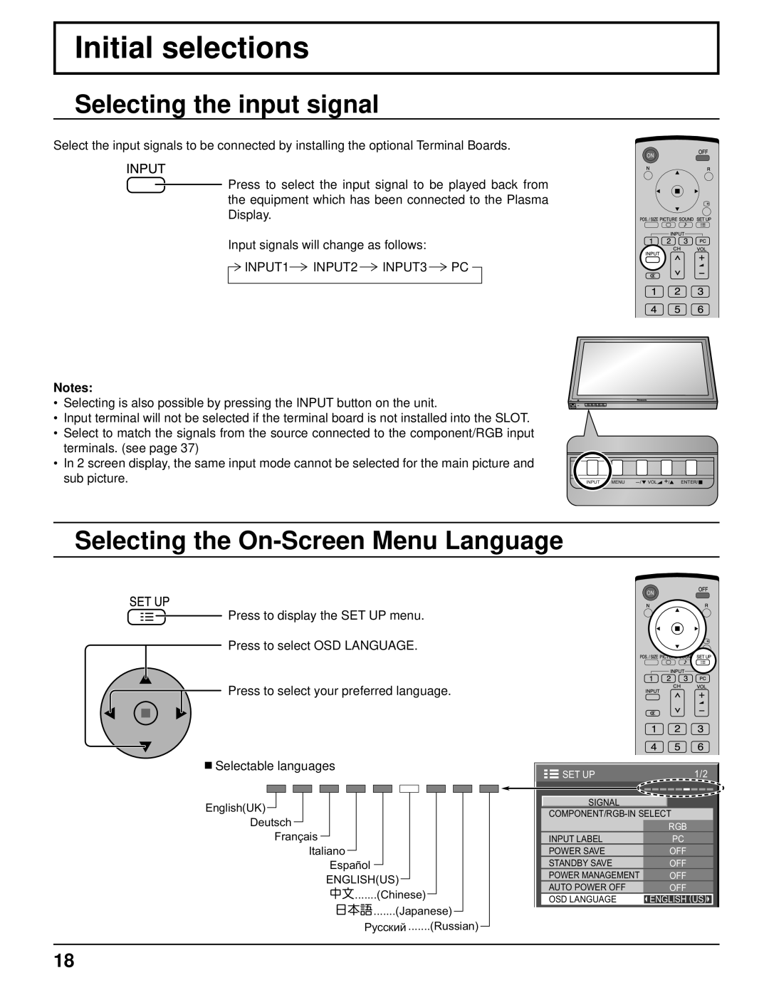 Panasonic TH-50PF9UK Initial selections, Selecting the input signal, Selecting the On-Screen Menu Language 