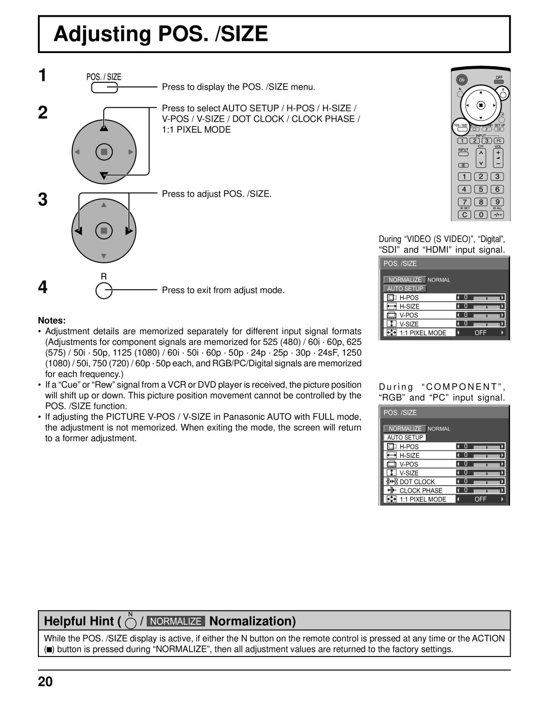 Panasonic TH-50PF9UK operating instructions Adjusting POS. /SIZE, POS / V-SIZE / DOT Clock / Clock Phase, Pixel Mode 