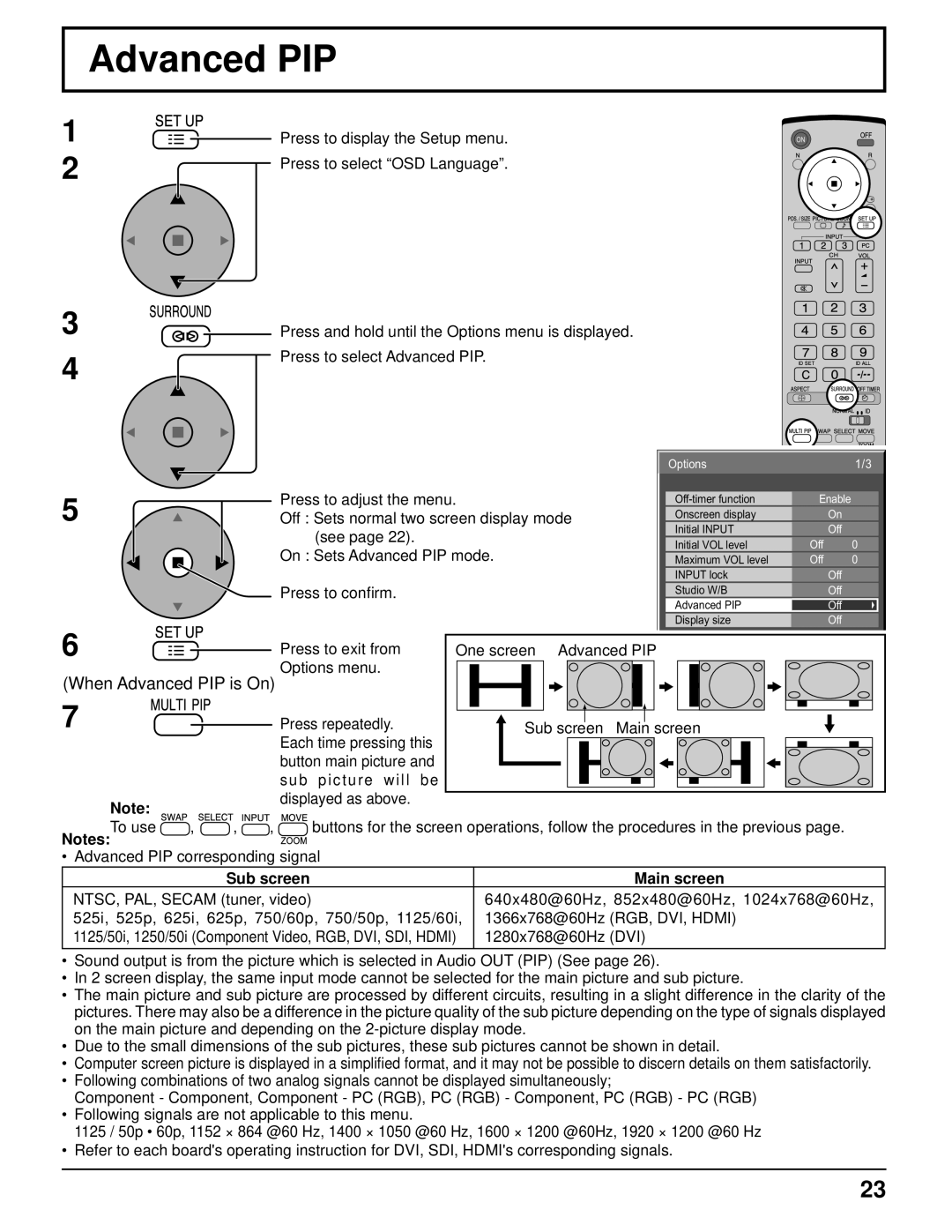 Panasonic TH-50PF9UK operating instructions Advanced PIP, Sub screen Main screen 