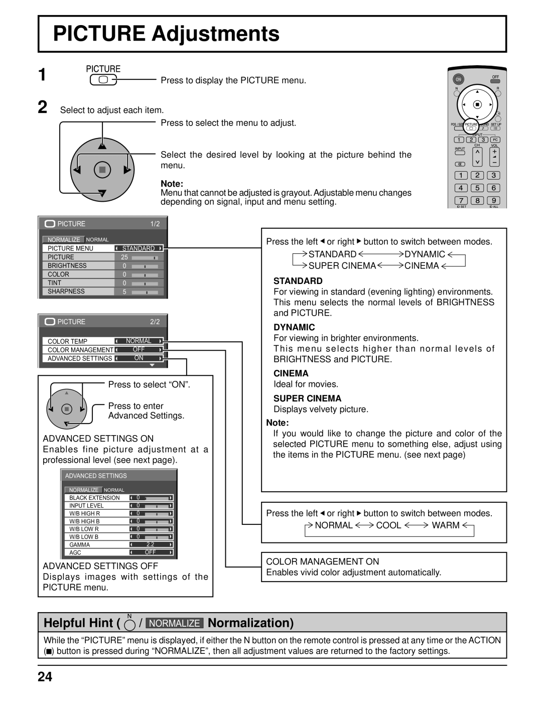 Panasonic TH-50PF9UK operating instructions Picture Adjustments, Standard, Dynamic, Super Cinema 