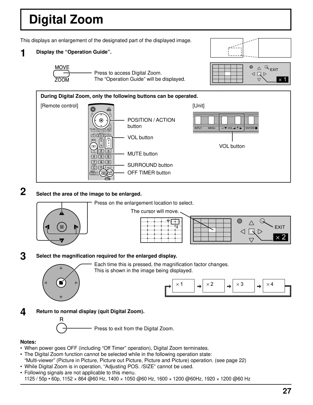 Panasonic TH-50PF9UK Digital Zoom, Display the Operation Guide, Select the magniﬁcation required for the enlarged display 