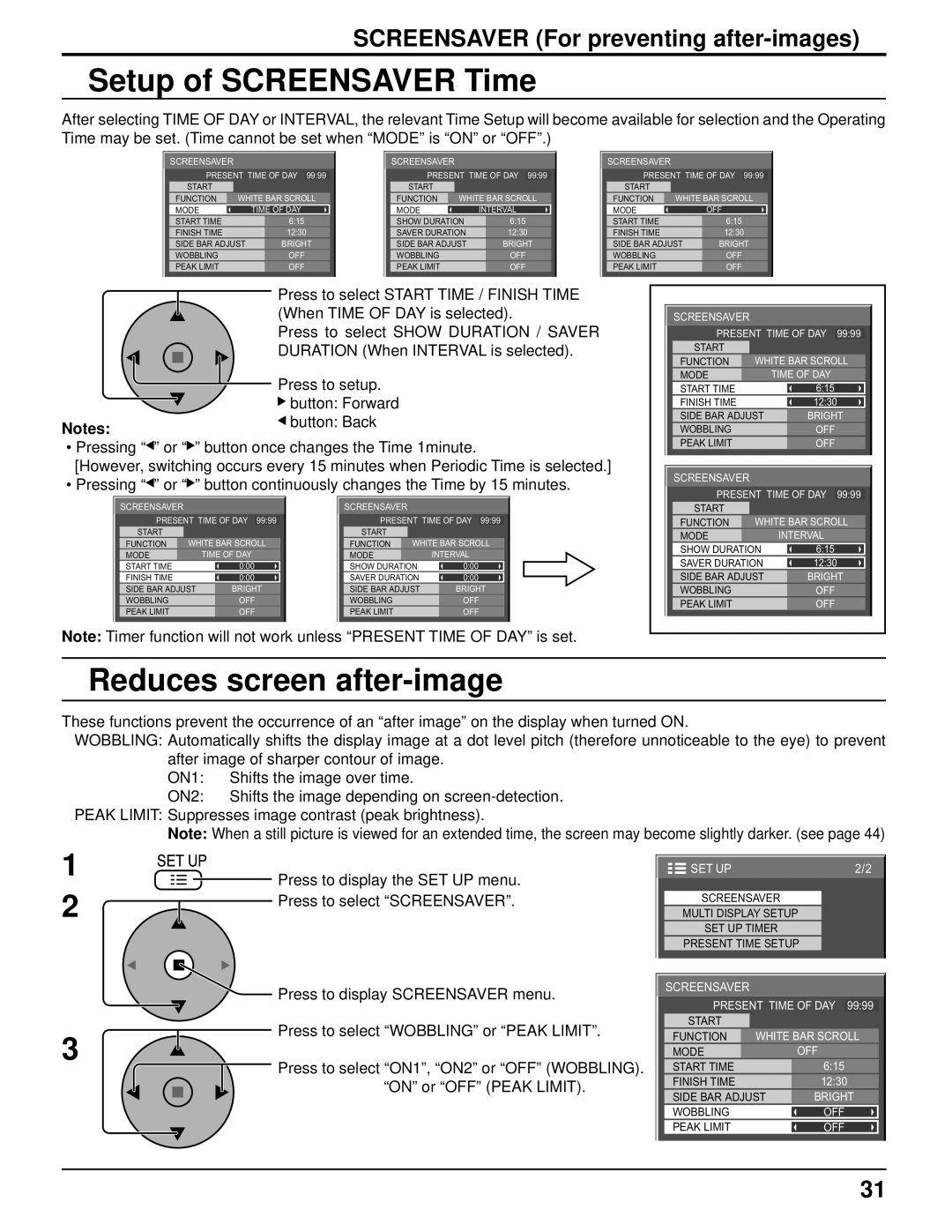 Panasonic TH-50PF9UK Setup of Screensaver Time, Reduces screen after-image, Screensaver For preventing after-images 